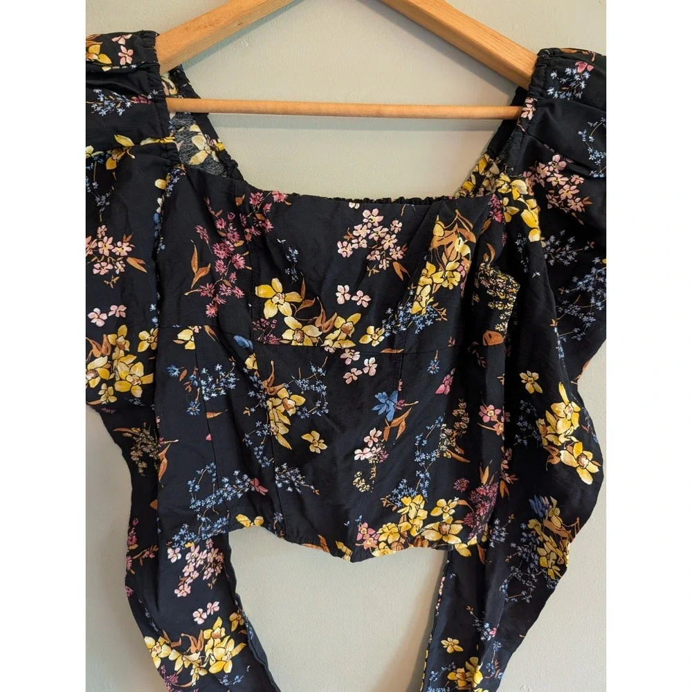 Abercrombie Fitch Black Floral Puff Sleeve Smocked Square Neck Top XS Whimsigoth